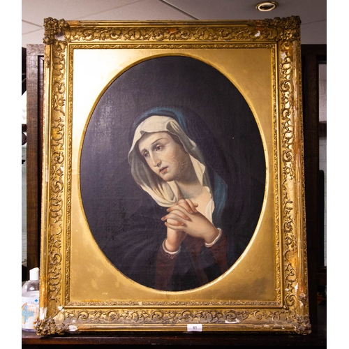 61 - ANTIQUE OIL ON CANVAS MADONNA IN GILT FRAME 85 X 75CM