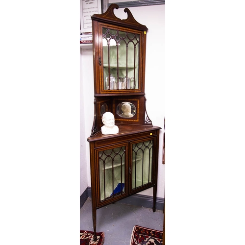 71 - PAIR ANTIQUE INLAID MAHOGANY CORNER CABINETS. 210 CM HIGH 80 CM WIDE