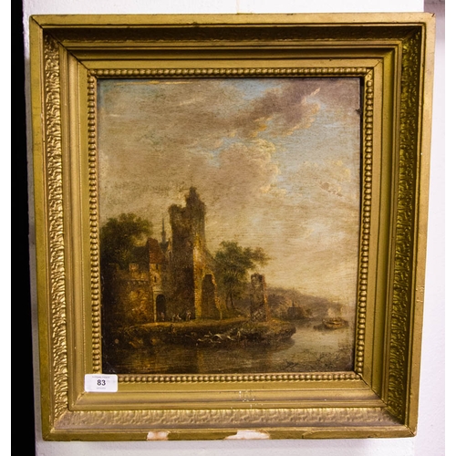 83 - ANTIQUE OIL ON BOARD CASTLE IN GILT FRAME 34 X 30CM