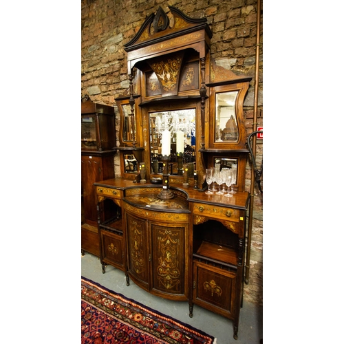 90 - BOW FRONT INLAID ROSEWOOD CHIFFONIER. 150 WIDE X 50CM DEEP X 265CM HIGH