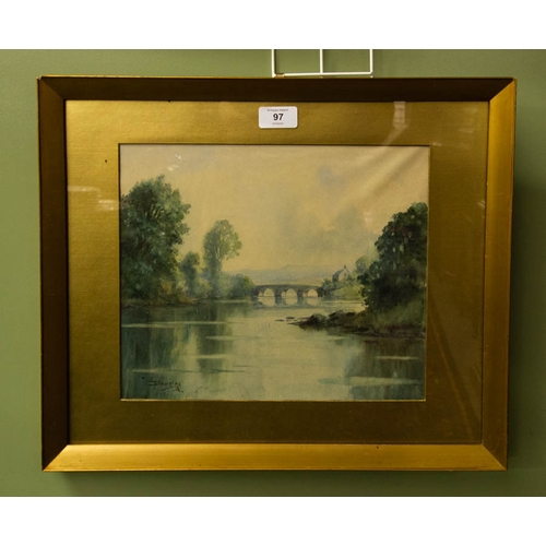 97 - DOUGLAS ALXANDER WATERCOLOUR. RIVER WITH BRIDGE SCENE