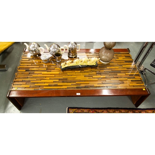 168 - PERCIVAL LAFER BRAZILIAN ROSEWOOD AND JACARANDA WOOD COFFEE TABLE WITH GLASS TOP 150L X 76.5W X 35H ... 