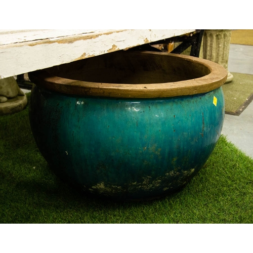 18 - PAIR OF BLUE GLAZED PLANTERS 50W X 30H CM