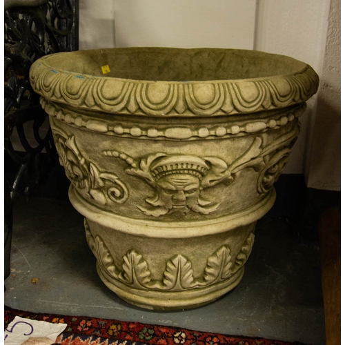 244 - PAIR OF ORNATE STONE WARE ACANTHUS LEAF PLANTERS 56W X 50H CM