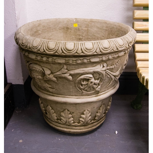 276 - PAIR OF ORNATE STONE WARE ACANTHUS LEAF PLANTERS 56W X 50H CM