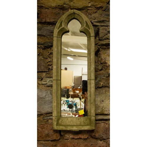 288 - PAIR OF GOTHIC TOP STONE WARE MIRRORS 18W X 50H CM