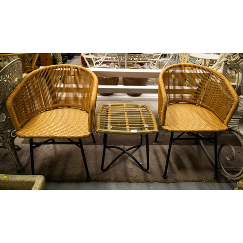 415 - RATTAN GARDEN TABLE + 2 CHAIRS