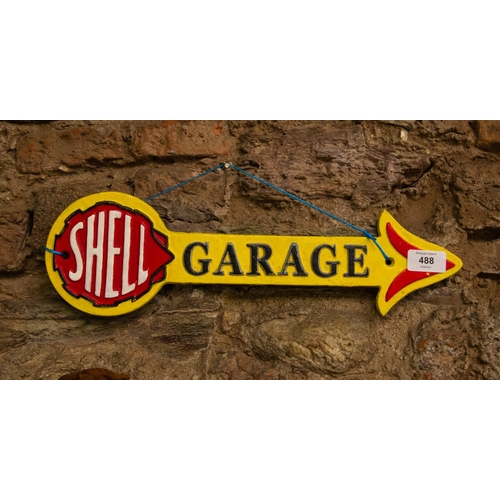 488 - 2 CAST IRON SIGNS. SHELL GARAGE + SHELL OIL