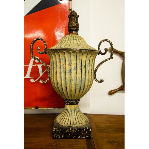 60 - PAIR OF METAL HANDLE URNS. 50CM HIGH. - ONE WITH LID