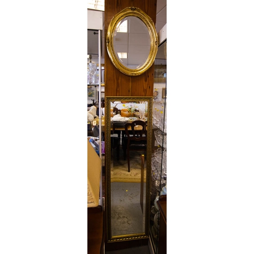 203 - OVAL GILT FRAME MIRROR 39 X 49CM + GILT FRAME BEVELLED MIRROR 37 X 126H CM