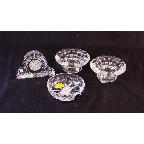 208 - PAIR OF WATERFORD CRYSTAL CANDLE HOLDERS, CLOCK + DISH