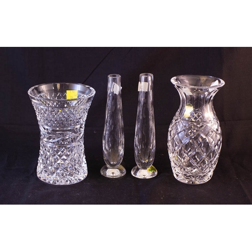 209 - 2 WATERFORD CRYSTAL VASES + 2 BUD VASES