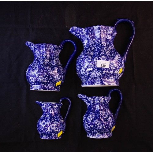 220 - 4 DECORATIVE BLUE + WHITE WALL JUGS