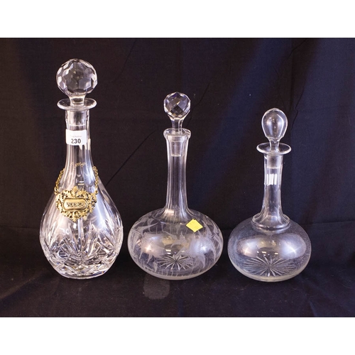 230 - 3 DECANTERS + MISC GLASS