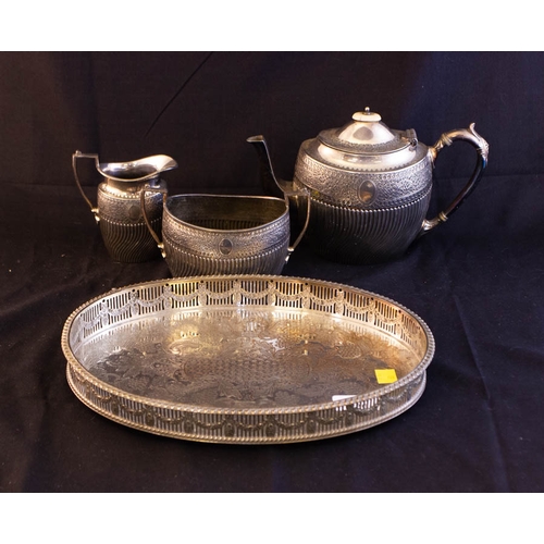 236 - OVAL SILVER PLATED TRAY, TEA SET, CANDELABRA + BOTTLE SET