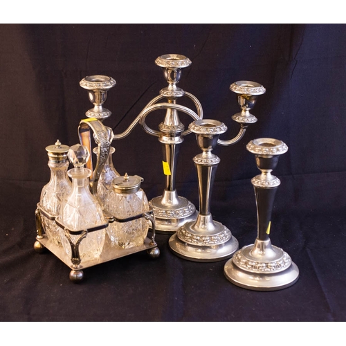 236 - OVAL SILVER PLATED TRAY, TEA SET, CANDELABRA + BOTTLE SET