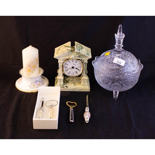 238 - AYNSLEY CLOCK, GLASS BOWL + LID + ODDS