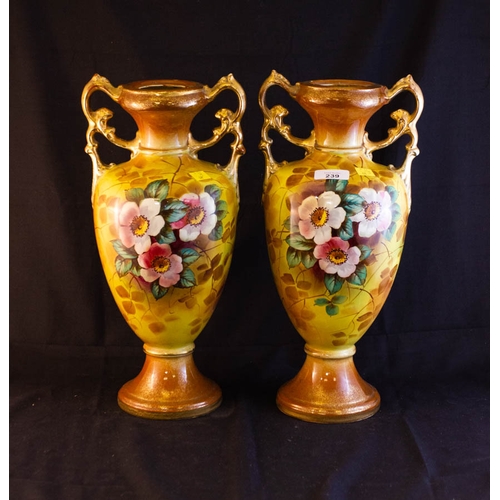 239 - PAIR OF VICTORIAN 2 HANDLE VASES + PAINTED VASE