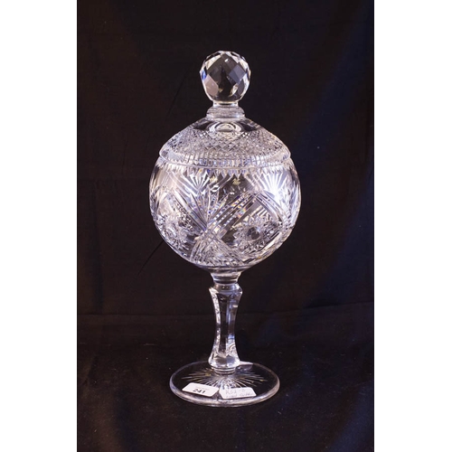 241 - CUT GLASS FOOTED LIDDED TROPHY - NO STAMP, - CHIP ON RIM