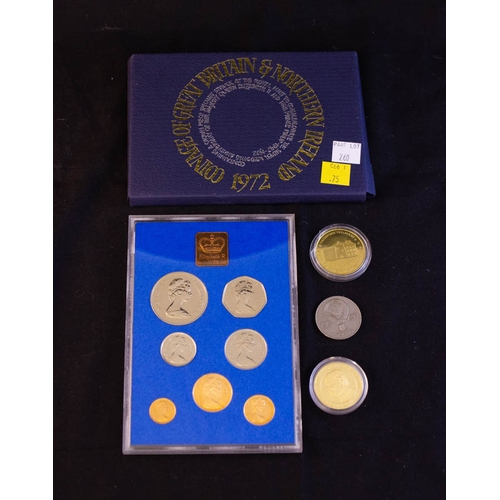 260 - WATERFORD TREASURES COMMEMORATIVE COIN, JOHN PAUL COIN, 1 RUBLE COIN + 1972 ENGLISH COINS