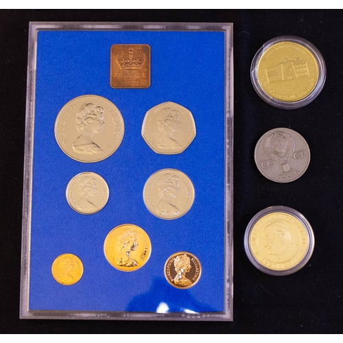 260 - WATERFORD TREASURES COMMEMORATIVE COIN, JOHN PAUL COIN, 1 RUBLE COIN + 1972 ENGLISH COINS