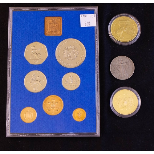 260 - WATERFORD TREASURES COMMEMORATIVE COIN, JOHN PAUL COIN, 1 RUBLE COIN + 1972 ENGLISH COINS