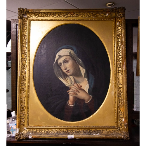 275 - ANTIQUE OIL ON CANVAS MADONNA IN GILT FRAME 85 X 75CM