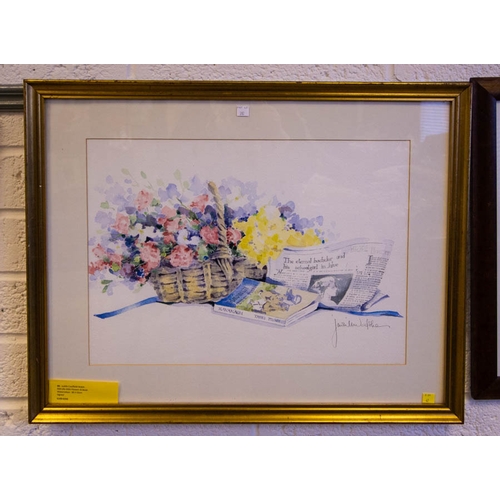 282 - 2 WATERCOLOURS BY Judith Caulfield Walsh. STILL LIFE WITH FLOWERS & BOOK . WATERCOLOUR. 53 X 38CM + ... 