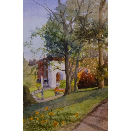 287 - CLARE CRYAN(b.1936) CORNER OF THE GREEN , WATERCOLOUR OVER PENCIL, 36 X 54CM . FRAME SIZE 60 X 80CM