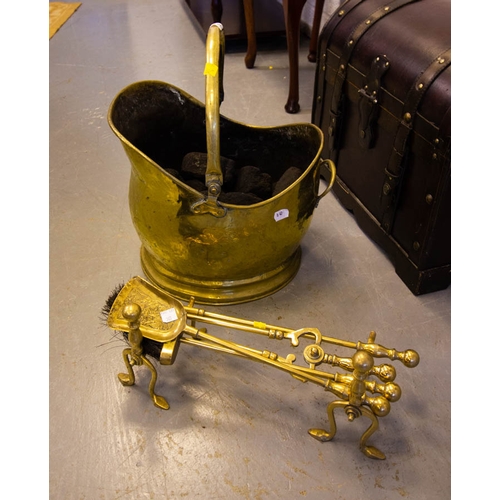 303 - BRASS COAL BUCKET, FIRE IRONS + DOGS