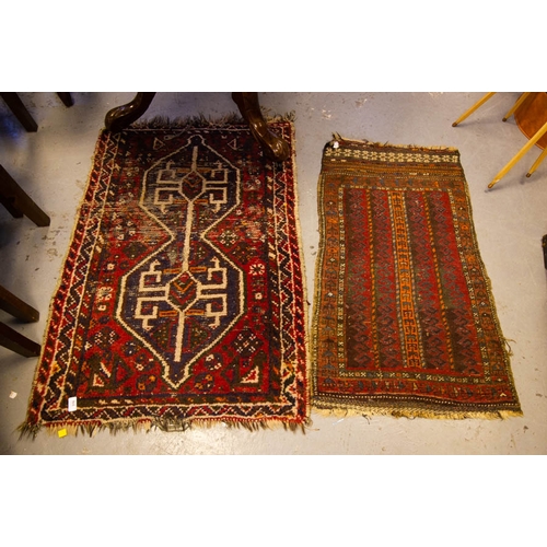 316 - 2 RED GROUND WORN PRAYER MATS