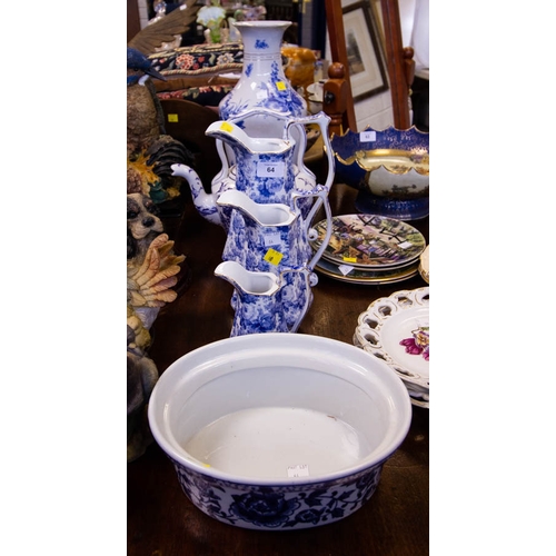 64 - 3 BLUE + WHITE JUGS, TEA POT, VASE + DISH