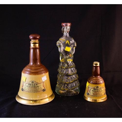 66 - 2 BELLS WHISKEY BOTTLES, 3 BOTTLES + VASE