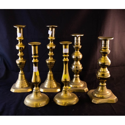 67 - 3 PAIRS OF BRASS CANDLESTICKS