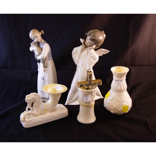 72 - 2 LLADRO FIGURES AF, 3 PIECES OF BELLEEK, BELL + CRUCIFIX