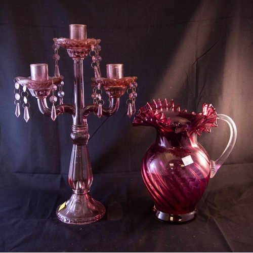 83 - RUBY FRILL JUG, EPERGNE + CANDELABRA