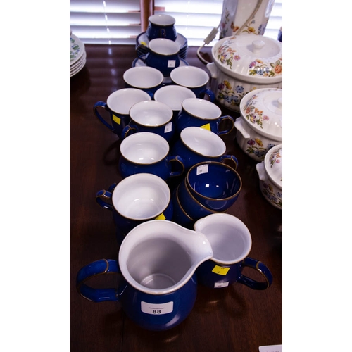 88 - 12 BLUE DENBY CUPS + SAUCERS, 4 MUGS, 2 JUGS ETC