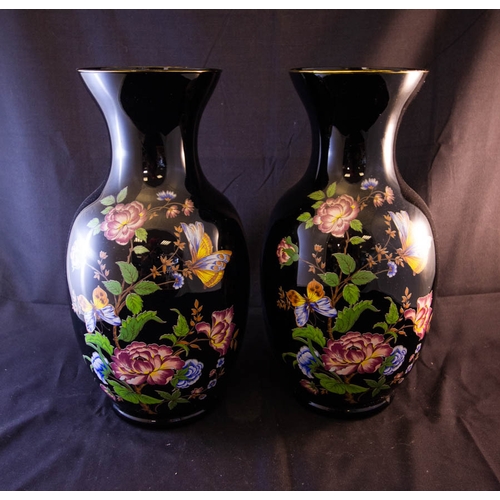 93 - PAIR OF BLACK FLORAL VASES + 2 PLANT POTS