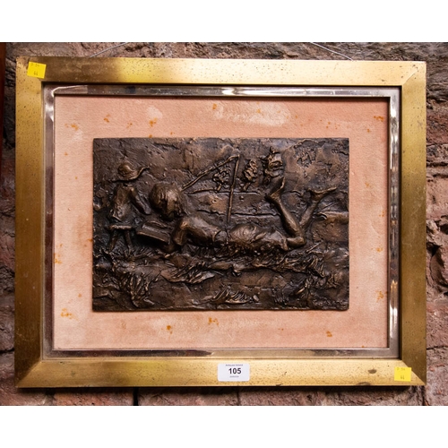 105 - RELIEF MOULD PLAQUE IN BRASS FRAME 49 X 39CM