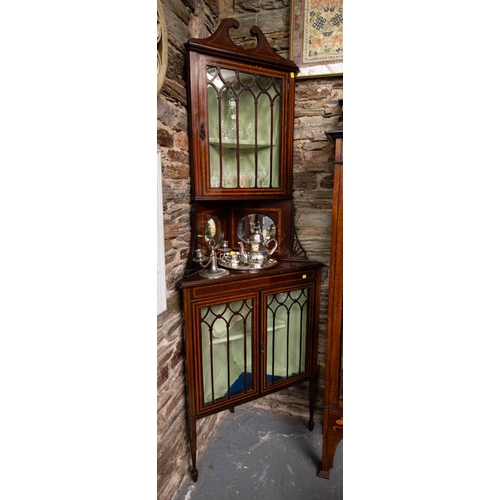 109 - PAIR OF INLAID MAHOGANY CORNER CABINETS. . 210 CM HIGH 80 CM WIDE