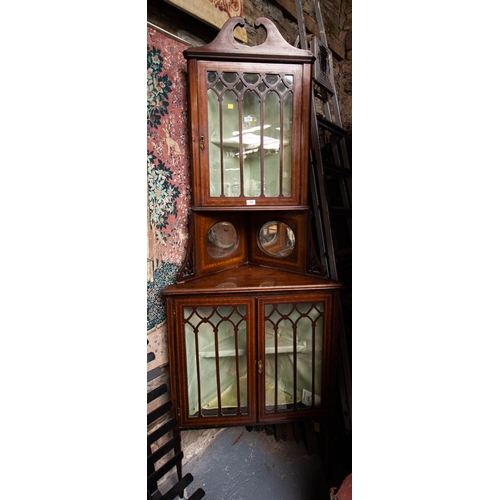 109 - PAIR OF INLAID MAHOGANY CORNER CABINETS. . 210 CM HIGH 80 CM WIDE