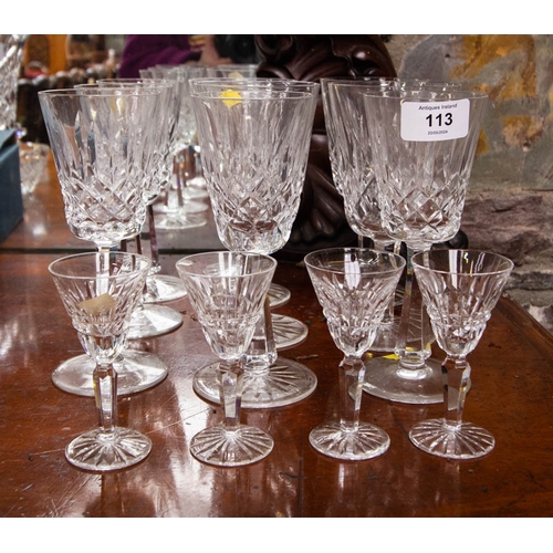 113 - 4 WATERFORD CRYSTAL LISMORE WATER GOBLETS, 5 KILMORE WINE + 4 LIQUEUR GLASSES