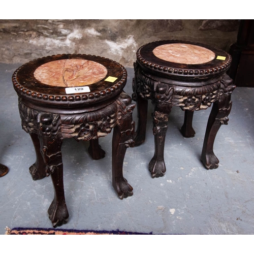 120 - PAIR OF CARVED HARDWOOD MARBLE TOP PLANT STANDS 20 X 27H CM