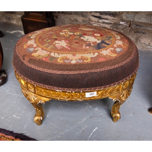 122 - OVAL TAPESTRY TOP GILT FRAME FOOT STOOL. 50 X 40CM X 33CM HIGH