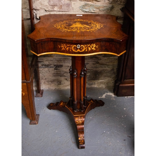 123 - ANTIQUE ROSEWOOD INLAID SEWING TABLE ON REEDED PEDESTAL BASE . 50 X 40CM X F77CM HIGH