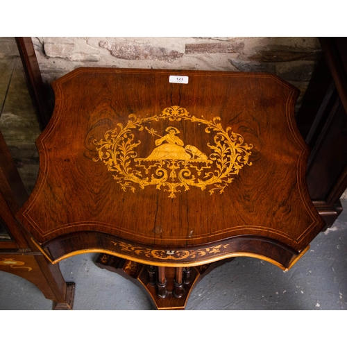 123 - ANTIQUE ROSEWOOD INLAID SEWING TABLE ON REEDED PEDESTAL BASE . 50 X 40CM X F77CM HIGH