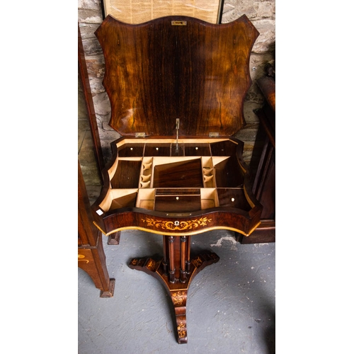 123 - ANTIQUE ROSEWOOD INLAID SEWING TABLE ON REEDED PEDESTAL BASE . 50 X 40CM X F77CM HIGH