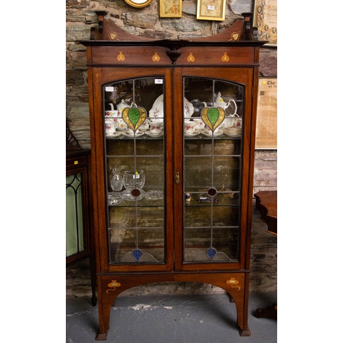 126 - MAHOGANY INLAID ART NOUVEAU CABINET WITH LEADED GLASS. 90 X 40 X 175CM HIGH