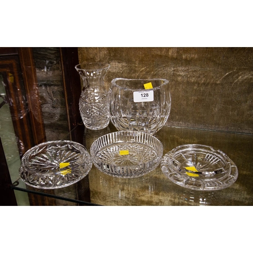 128 - 2 WATERFORD CRYSTAL SMALL VASES + 3 ASH TRAYS