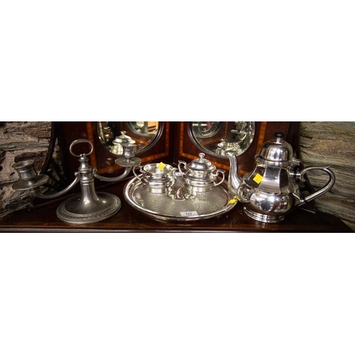 131 - PEWTER 3 PIECE TEA SET ON TRAY + CANDELABRA